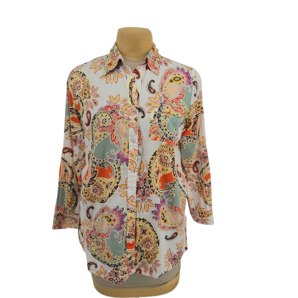 True Destinations Paisley Button Up Shirt Women M Cotton Roll Tab Boho Festival